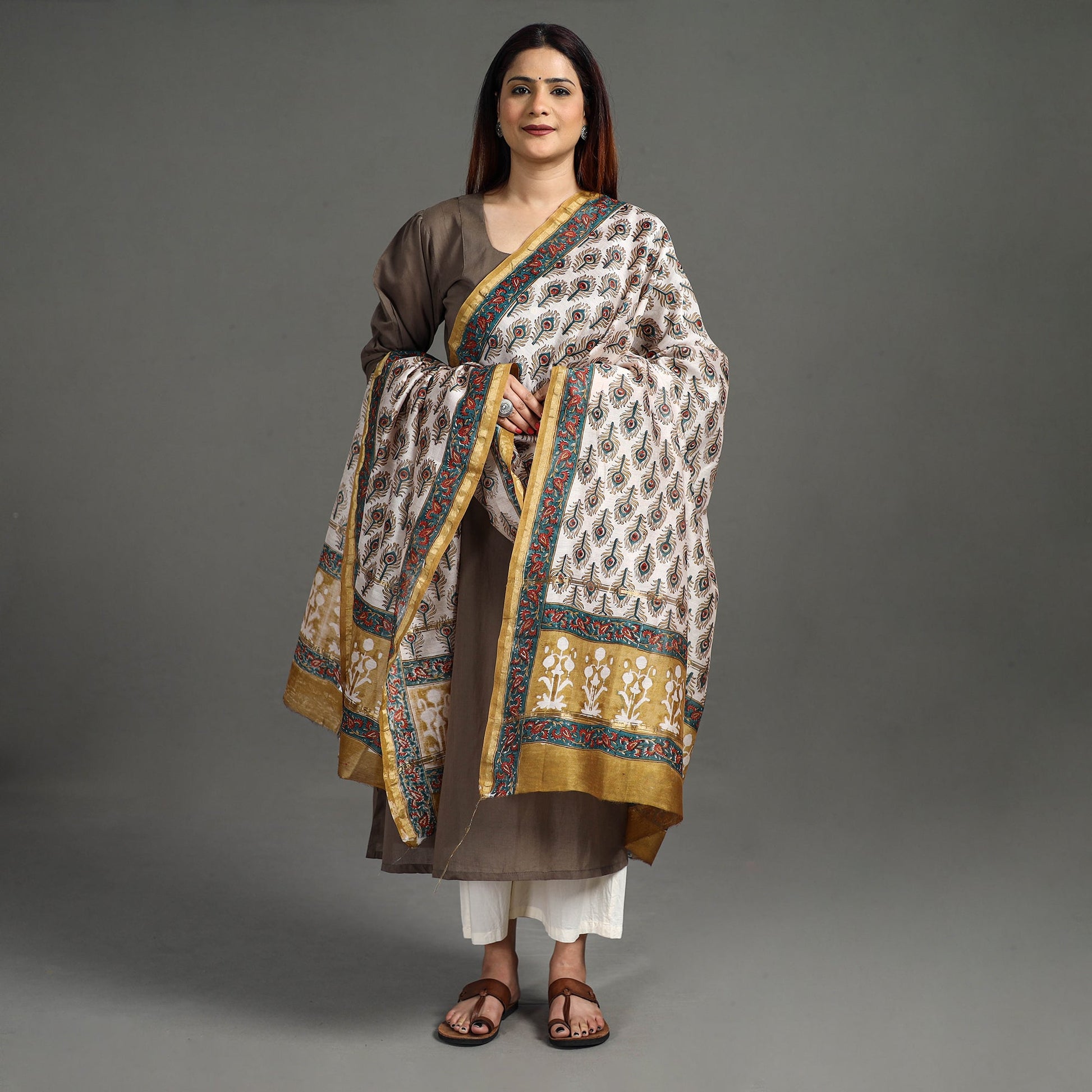 Brown - Handloom Chanderi Silk Sanganeri Print Dupatta 28