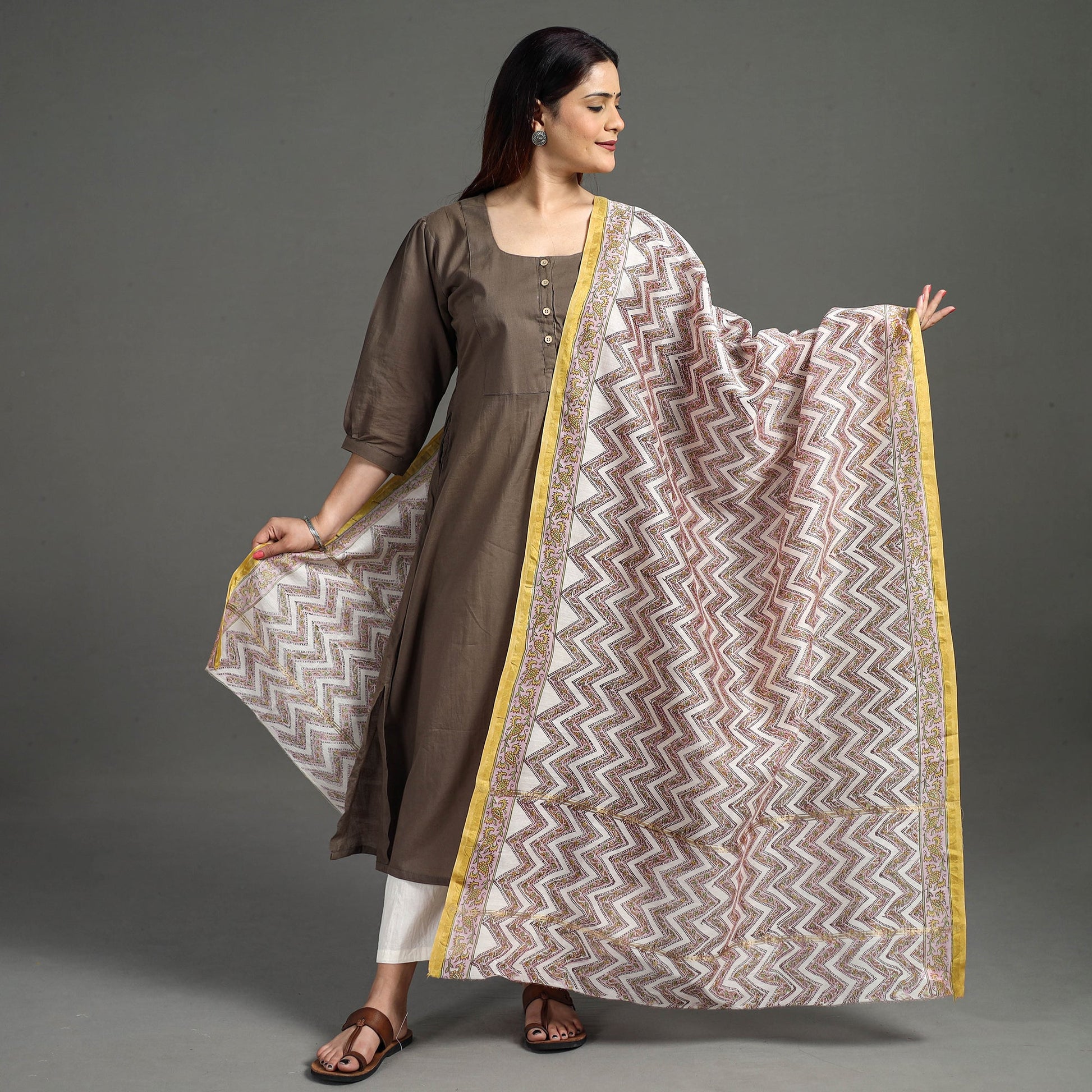 Brown - Handloom Chanderi Silk Sanganeri Print Dupatta 34