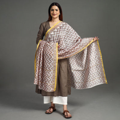 Brown - Handloom Chanderi Silk Sanganeri Print Dupatta 34