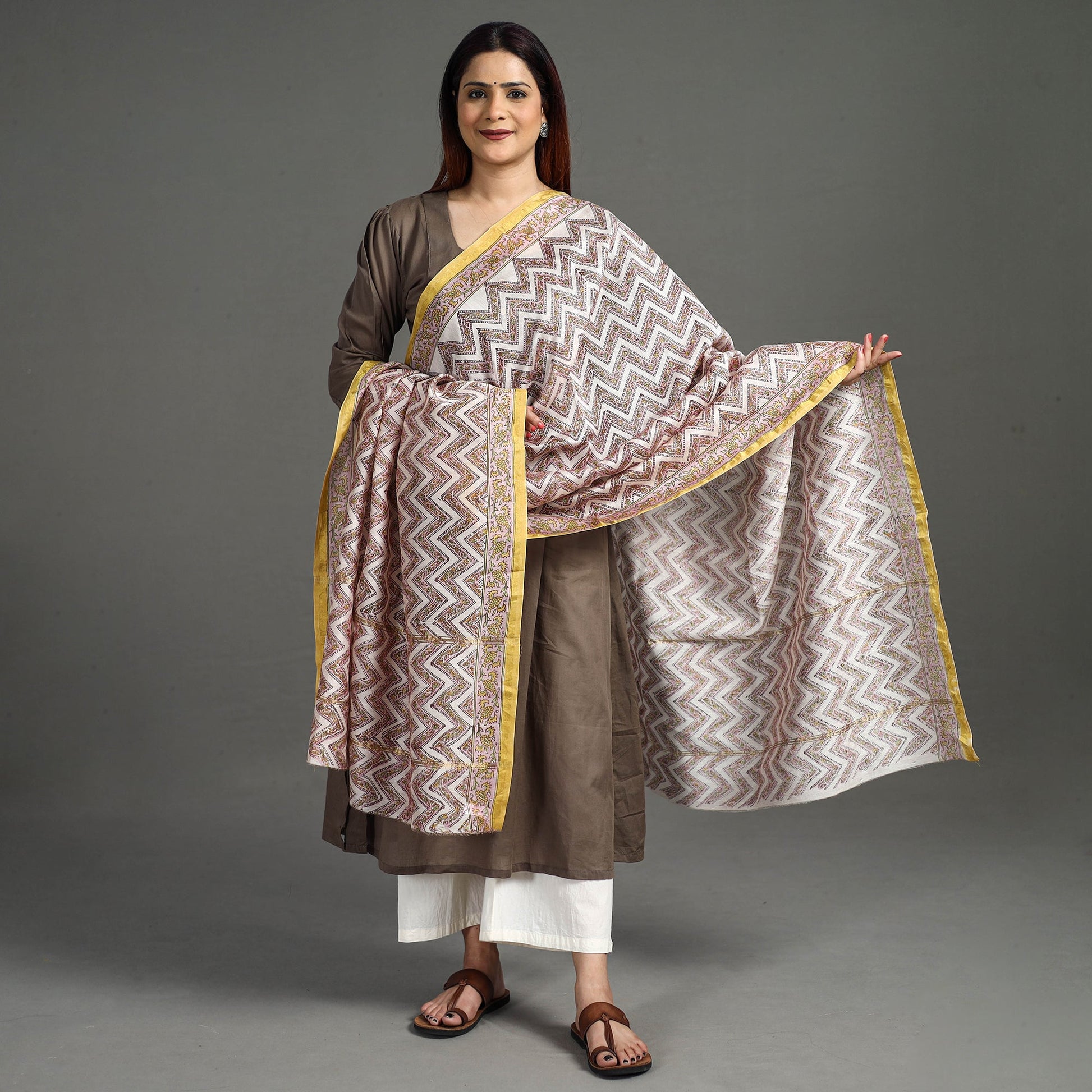Brown - Handloom Chanderi Silk Sanganeri Print Dupatta 34