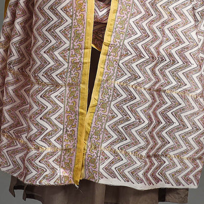 Brown - Handloom Chanderi Silk Sanganeri Print Dupatta 34