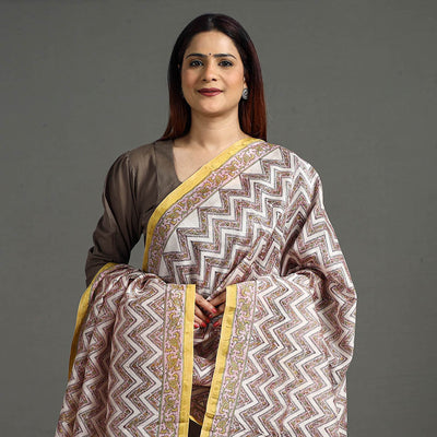 Brown - Handloom Chanderi Silk Sanganeri Print Dupatta 34