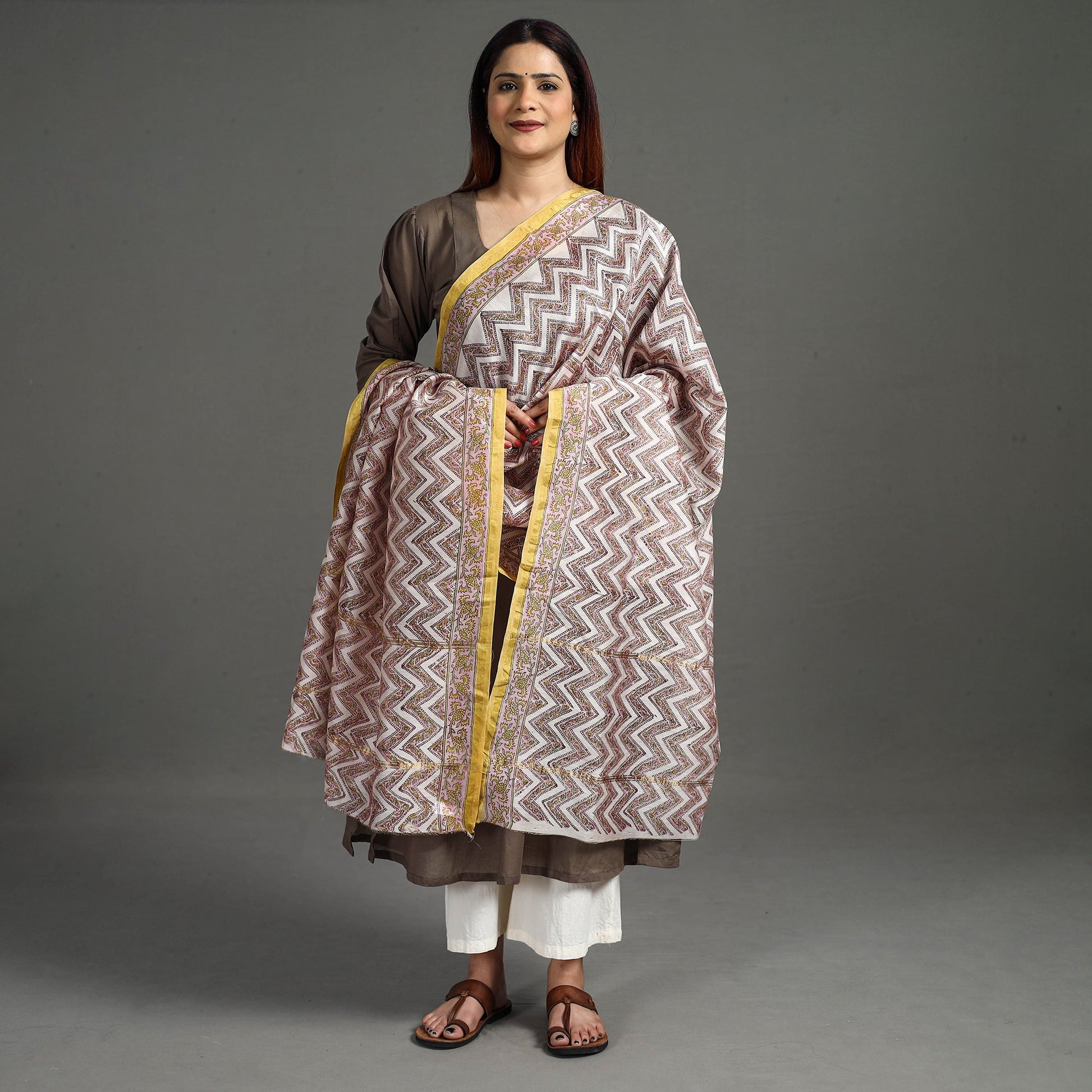 Brown - Handloom Chanderi Silk Sanganeri Print Dupatta 34
