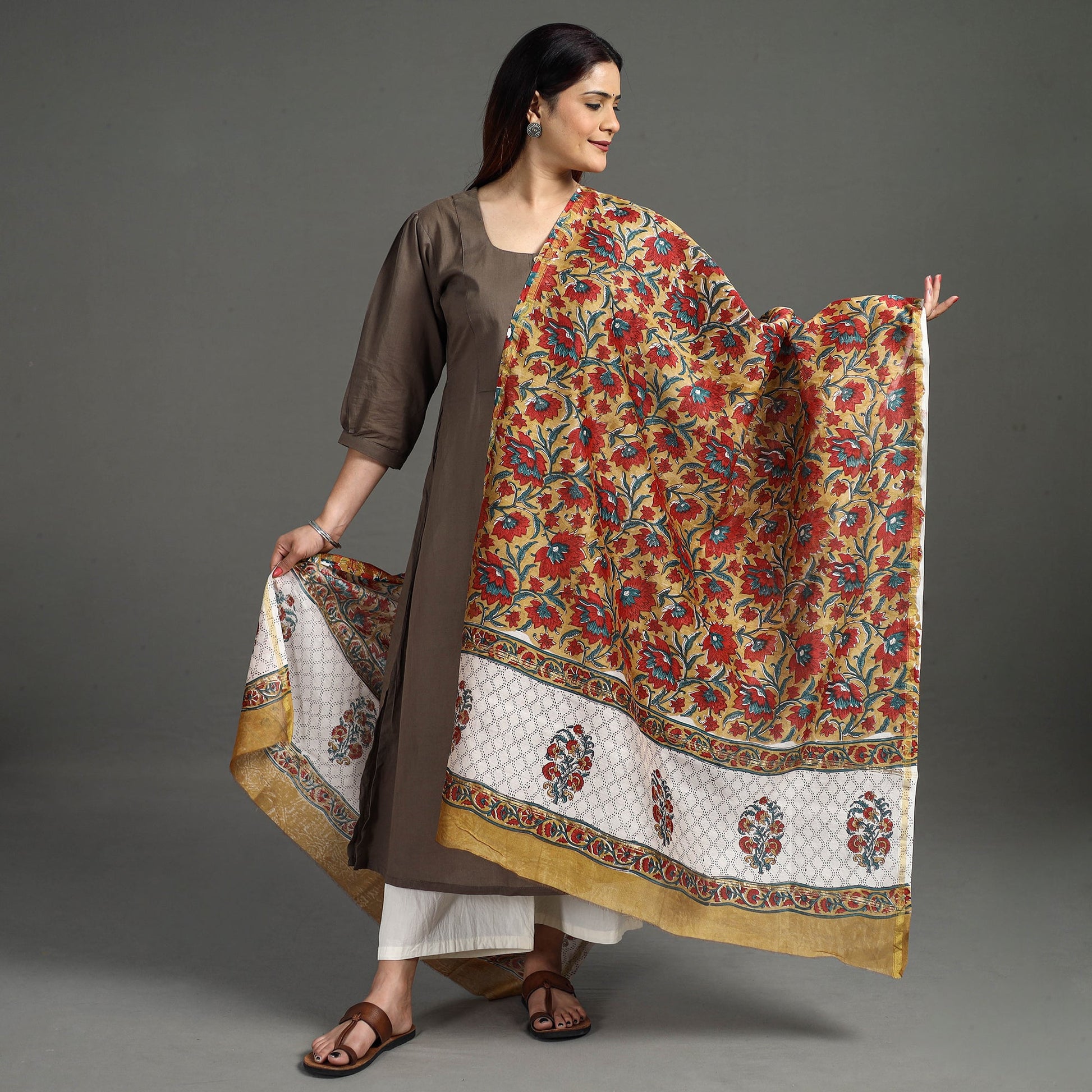 Brown - Handloom Chanderi Silk Sanganeri Print Dupatta 35