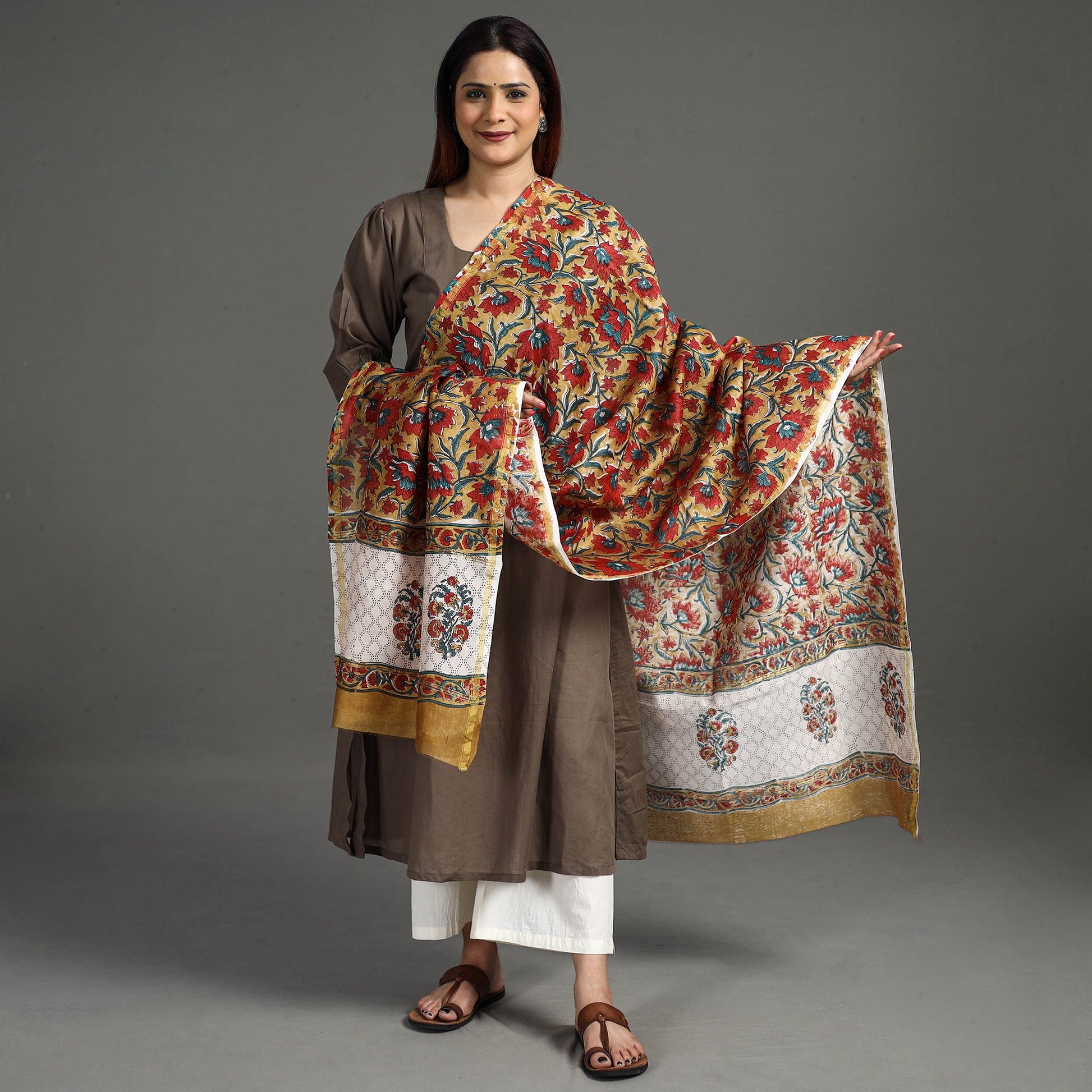 Brown - Handloom Chanderi Silk Sanganeri Print Dupatta 35