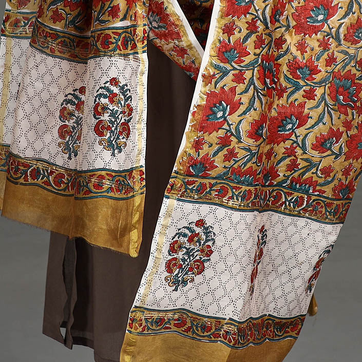 Brown - Handloom Chanderi Silk Sanganeri Print Dupatta 35