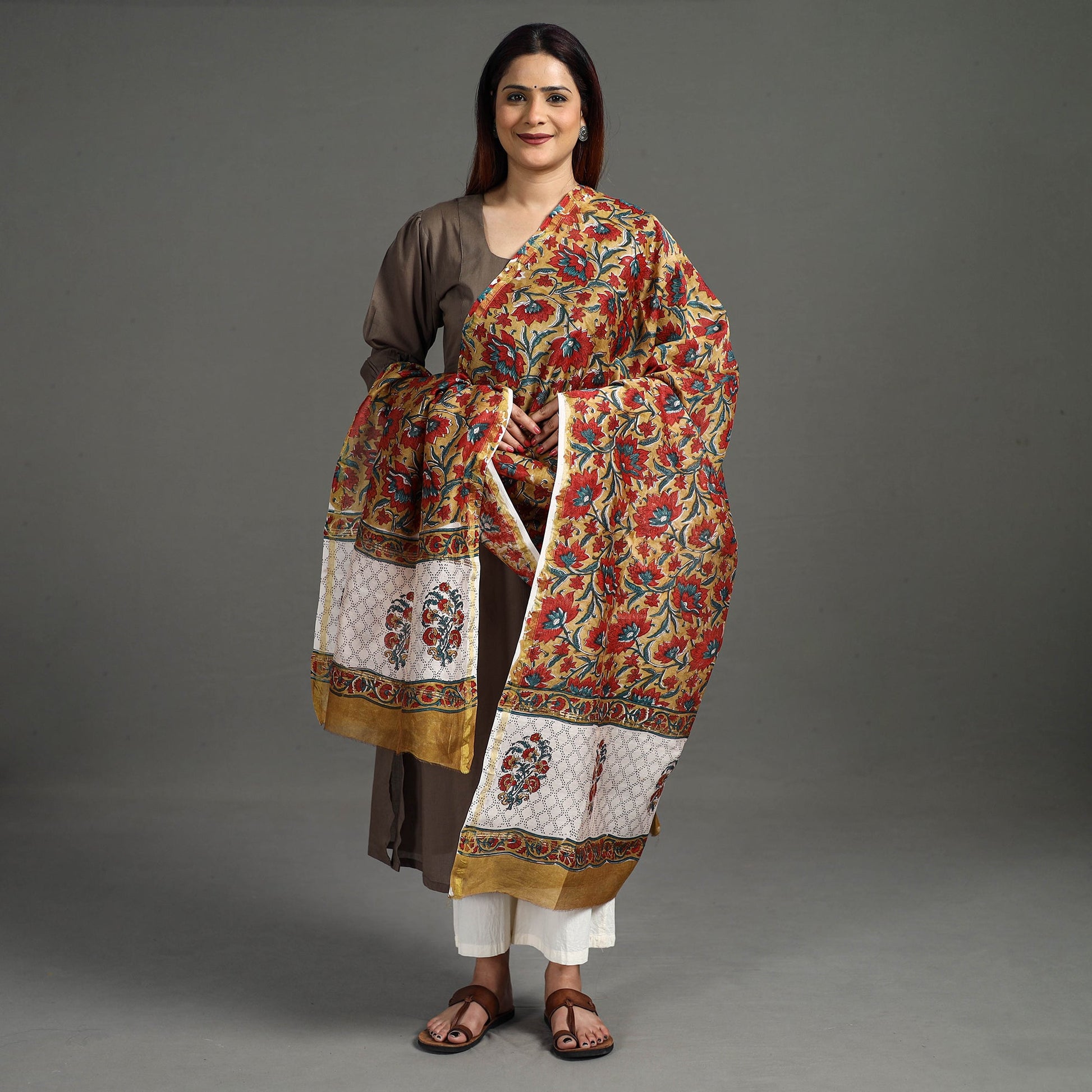Brown - Handloom Chanderi Silk Sanganeri Print Dupatta 35