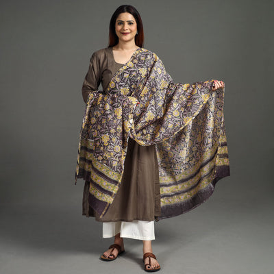 Brown - Handloom Chanderi Silk Sanganeri Print Dupatta 37