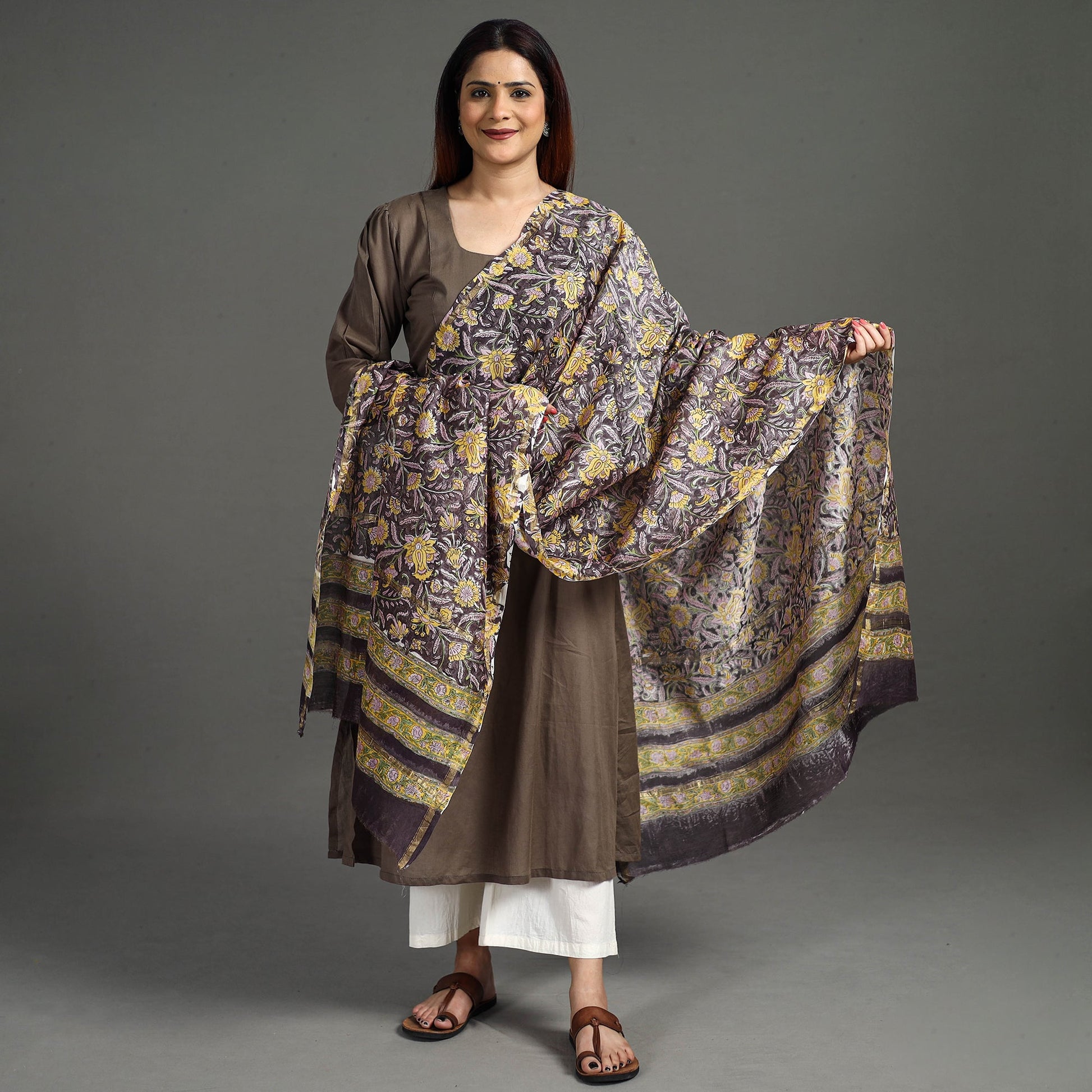 Brown - Handloom Chanderi Silk Sanganeri Print Dupatta 37