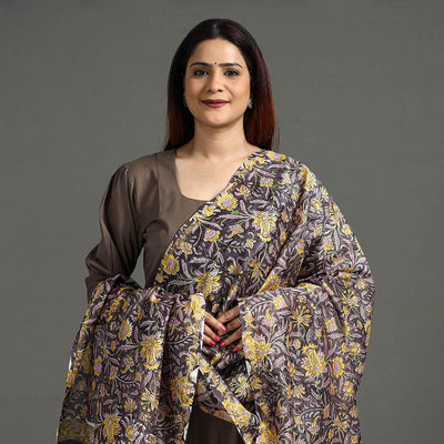 Brown - Handloom Chanderi Silk Sanganeri Print Dupatta 37