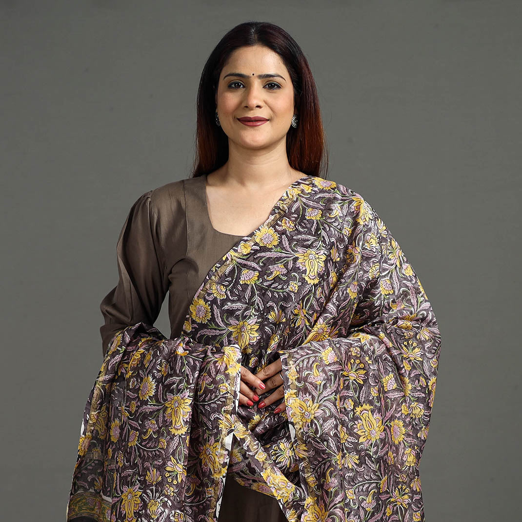 Brown - Handloom Chanderi Silk Sanganeri Print Dupatta 37
