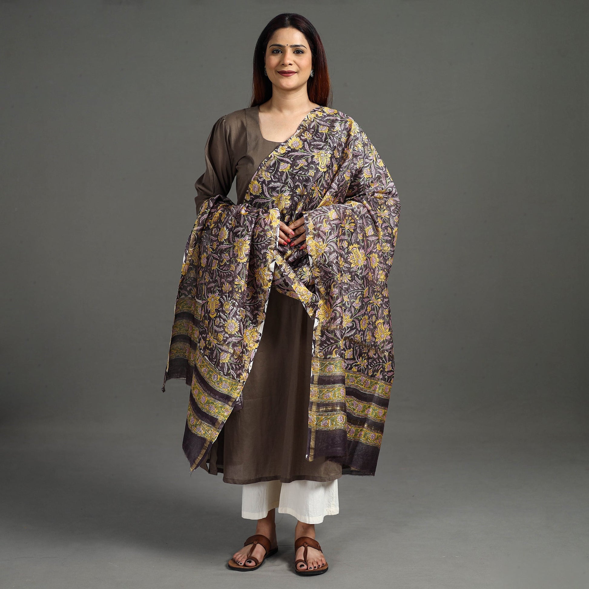 Brown - Handloom Chanderi Silk Sanganeri Print Dupatta 37