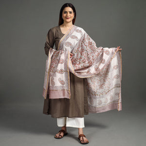 Brown - Handloom Chanderi Silk Sanganeri Print Dupatta 42