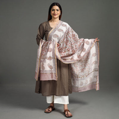 Brown - Handloom Chanderi Silk Sanganeri Print Dupatta 42