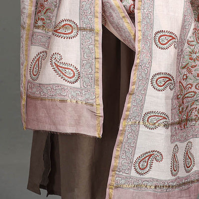 Brown - Handloom Chanderi Silk Sanganeri Print Dupatta 42
