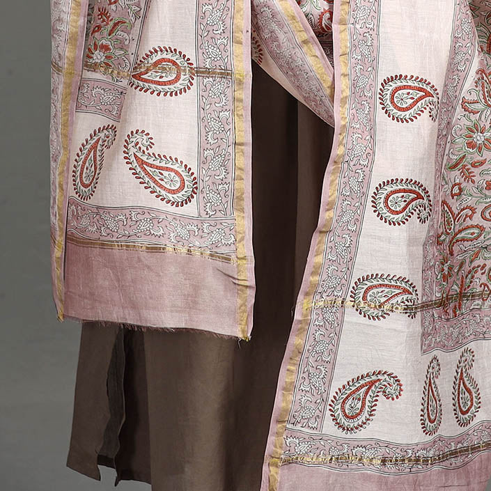 Brown - Handloom Chanderi Silk Sanganeri Print Dupatta 42
