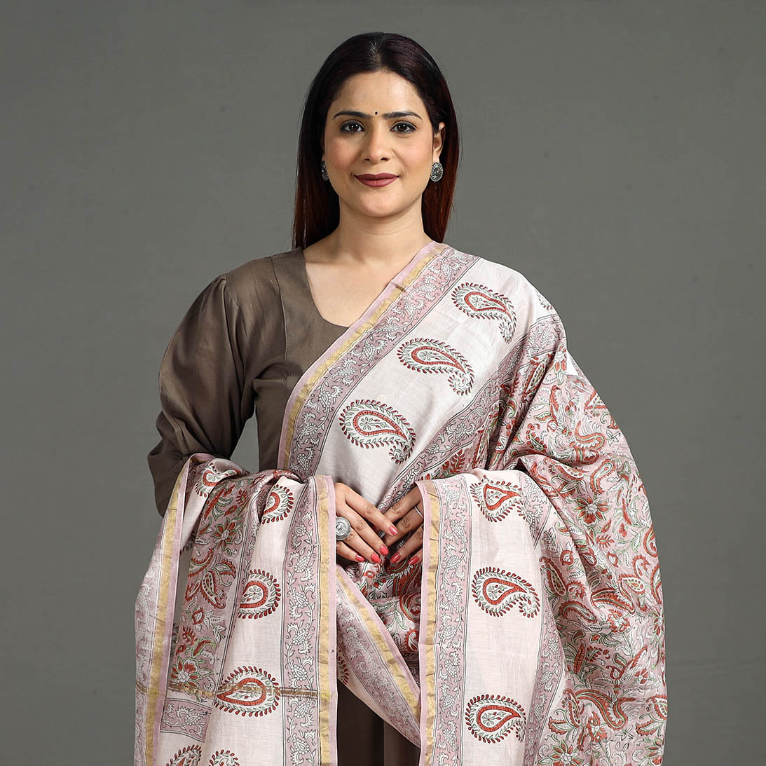 Brown - Handloom Chanderi Silk Sanganeri Print Dupatta 42