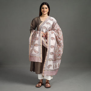 Brown - Handloom Chanderi Silk Sanganeri Print Dupatta 42