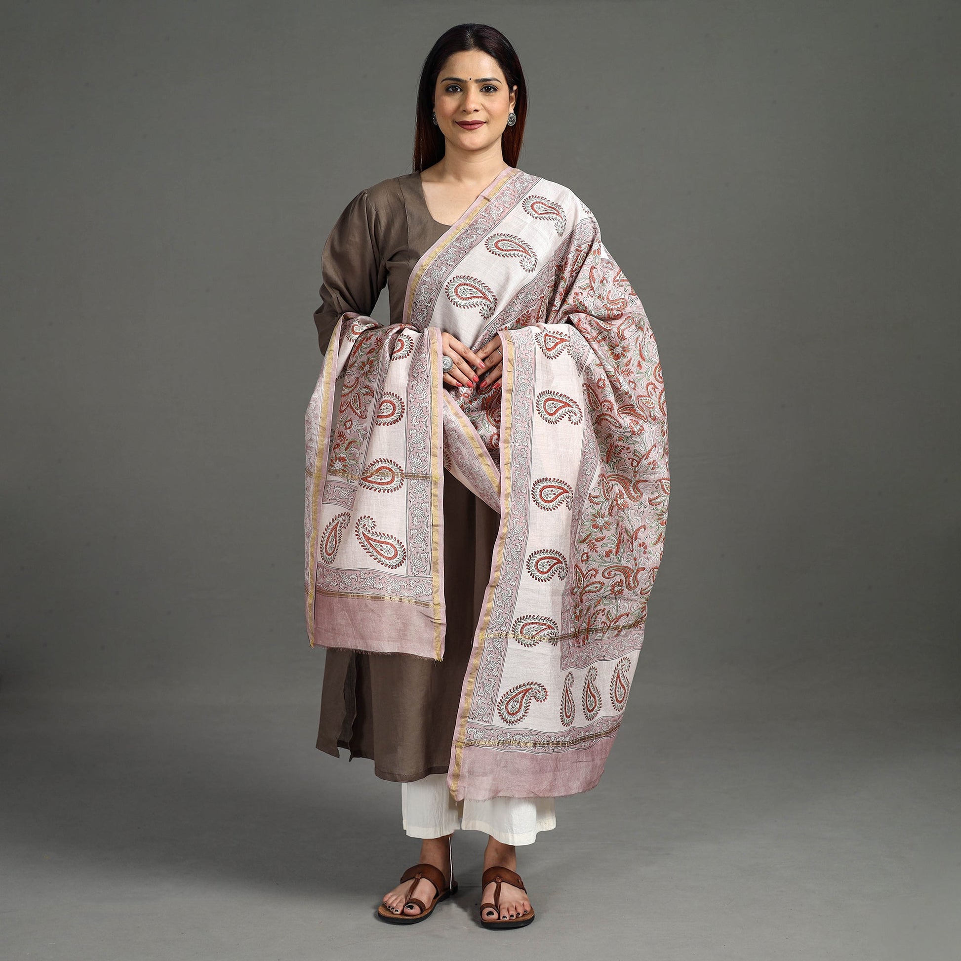 Brown - Handloom Chanderi Silk Sanganeri Print Dupatta 42