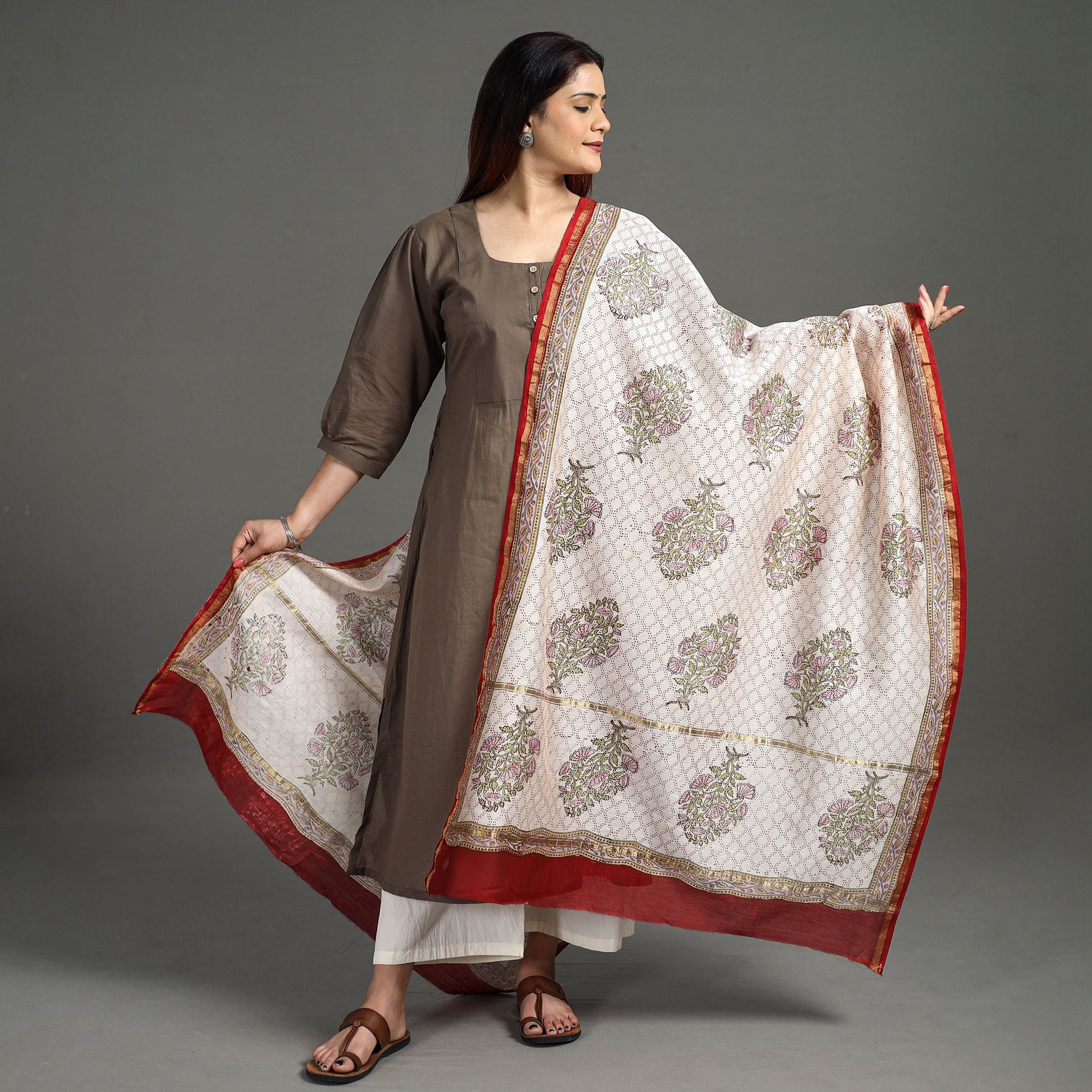Beige - Handloom Chanderi Silk Sanganeri Print Dupatta 45