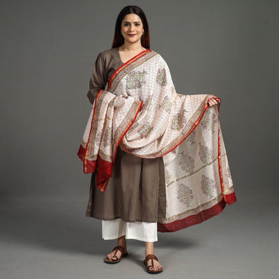 Beige - Handloom Chanderi Silk Sanganeri Print Dupatta 45