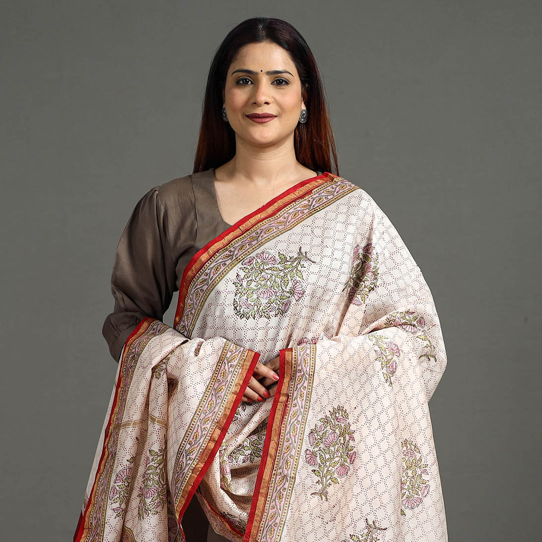 Beige - Handloom Chanderi Silk Sanganeri Print Dupatta 45