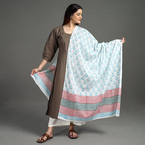 Blue - Block Printed Mul Cotton Sanganeri Dupatta 60