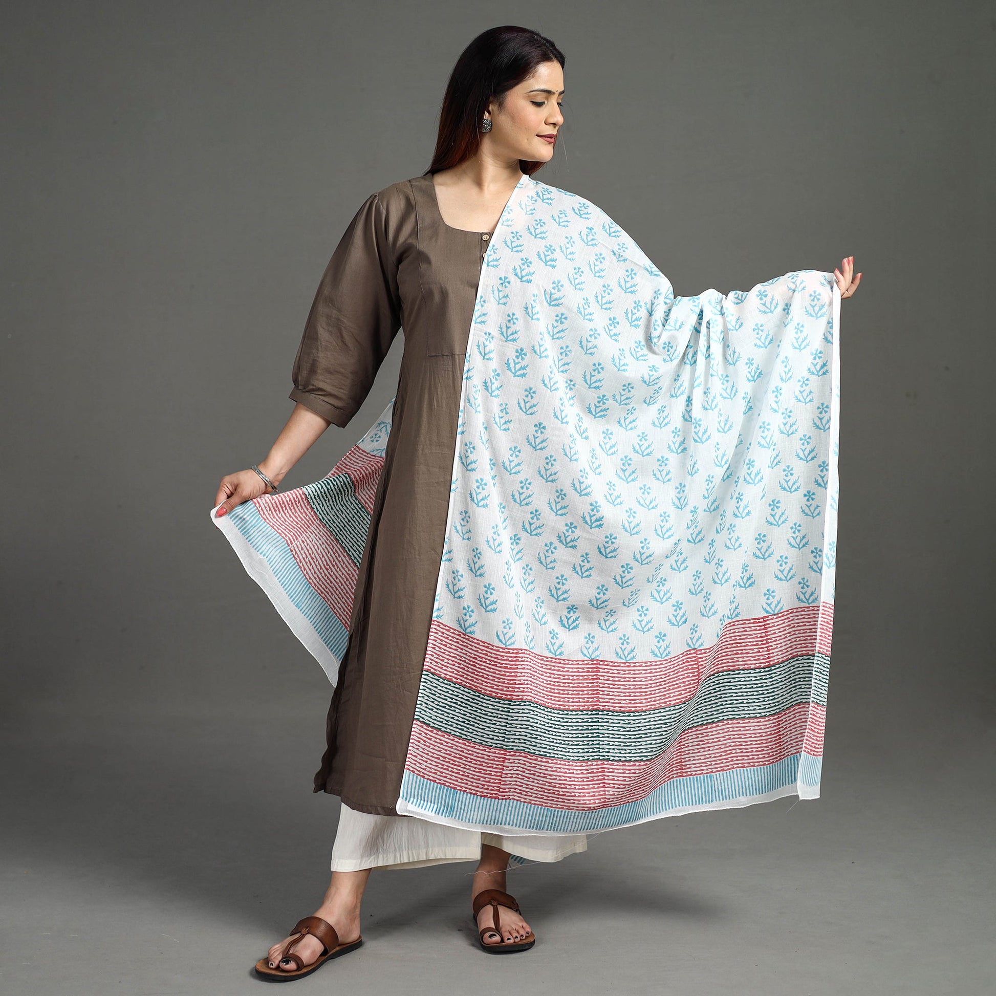 Blue - Block Printed Mul Cotton Sanganeri Dupatta 60