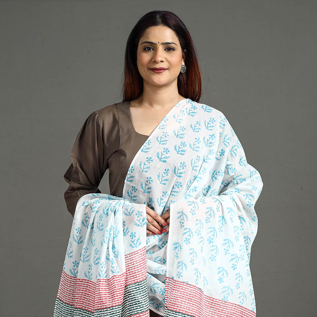 Blue - Block Printed Mul Cotton Sanganeri Dupatta 60