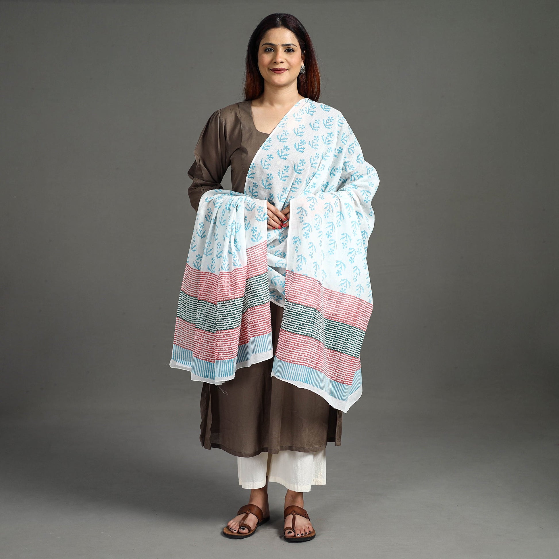 Blue - Block Printed Mul Cotton Sanganeri Dupatta 60