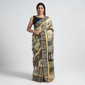 Beige - Kalamkari Printed Silk Cotton Saree with Zari Border