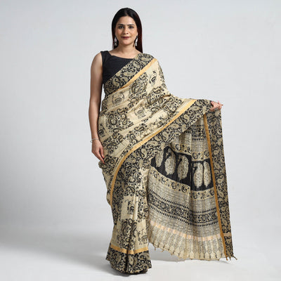 Beige - Kalamkari Printed Silk Cotton Saree with Zari Border