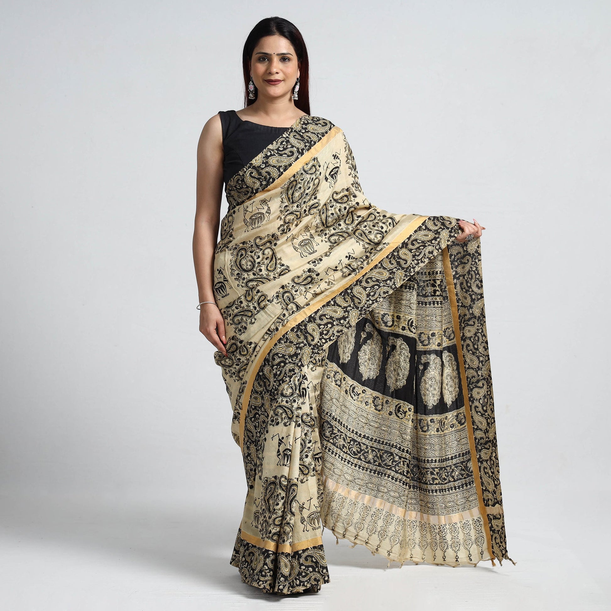 Beige - Kalamkari Printed Silk Cotton Saree with Zari Border