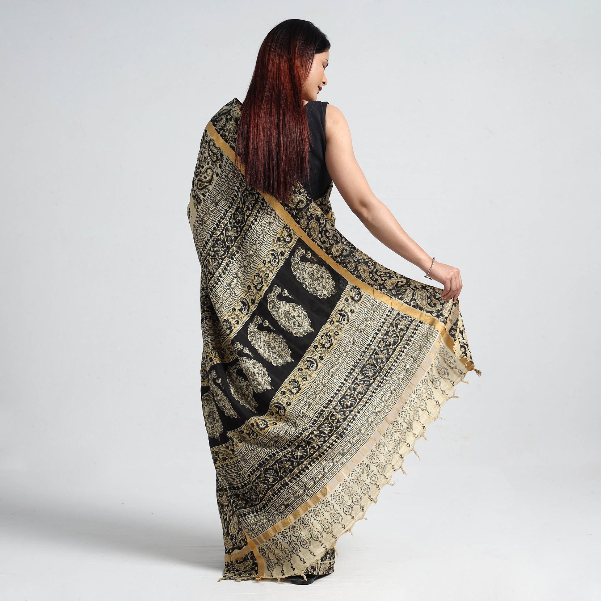 Beige - Kalamkari Printed Silk Cotton Saree with Zari Border