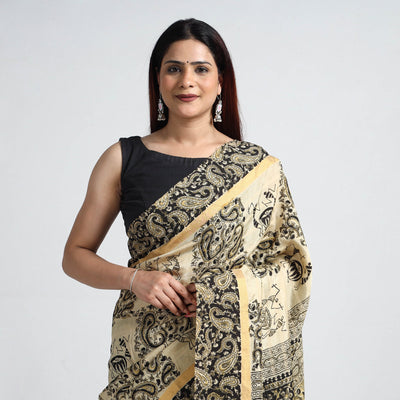Beige - Kalamkari Printed Silk Cotton Saree with Zari Border