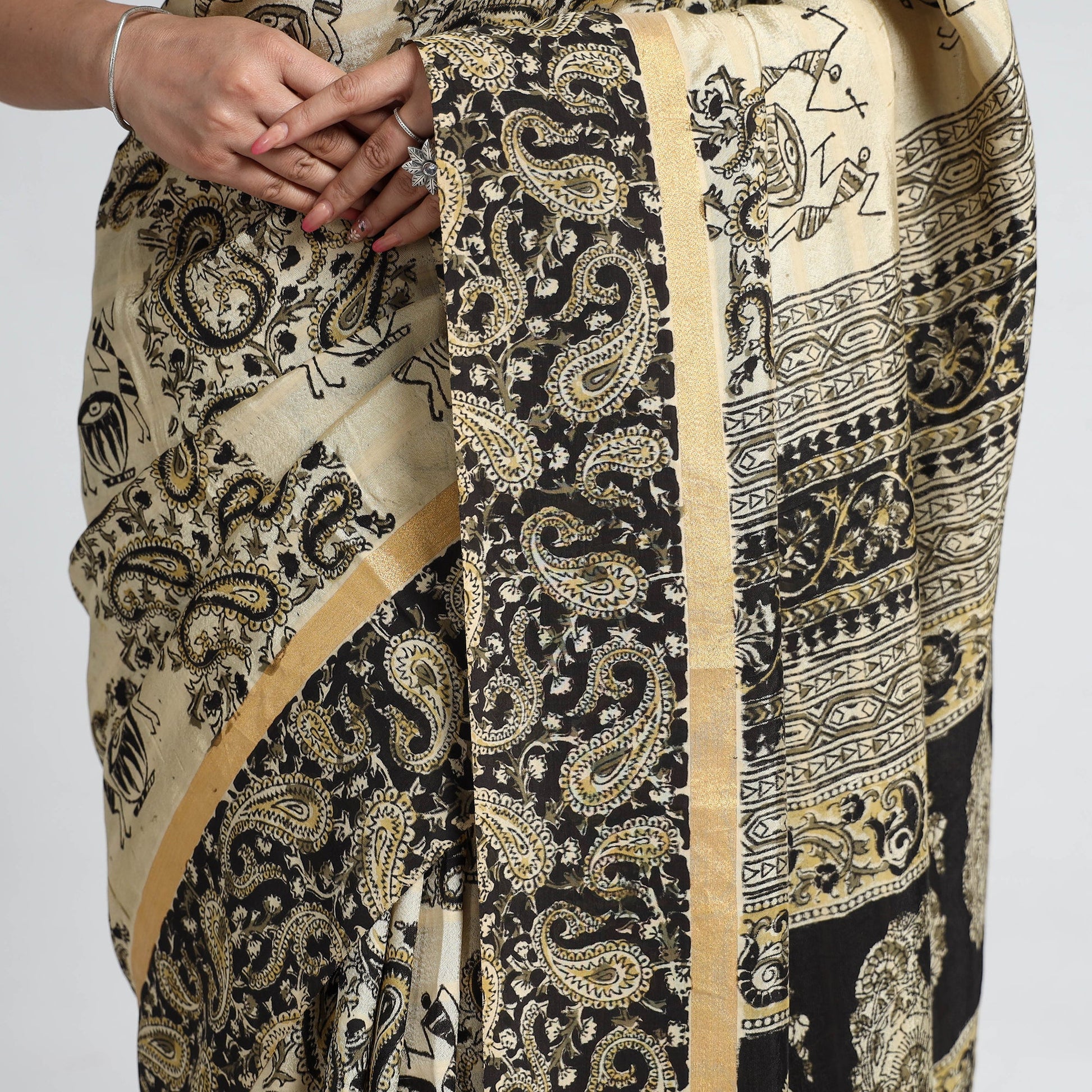 Beige - Kalamkari Printed Silk Cotton Saree with Zari Border