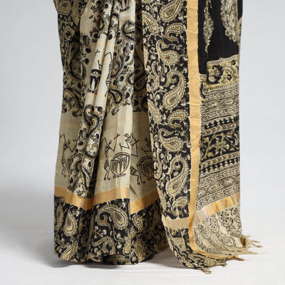 Beige - Kalamkari Printed Silk Cotton Saree with Zari Border