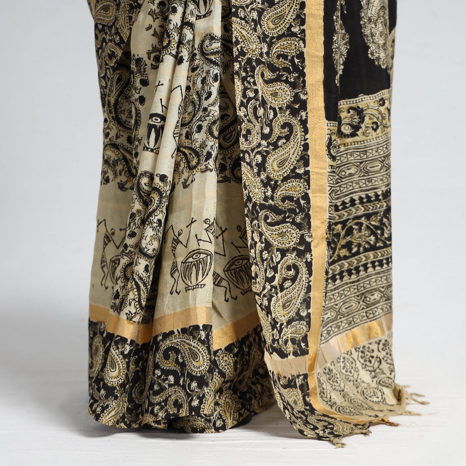 Beige - Kalamkari Printed Silk Cotton Saree with Zari Border