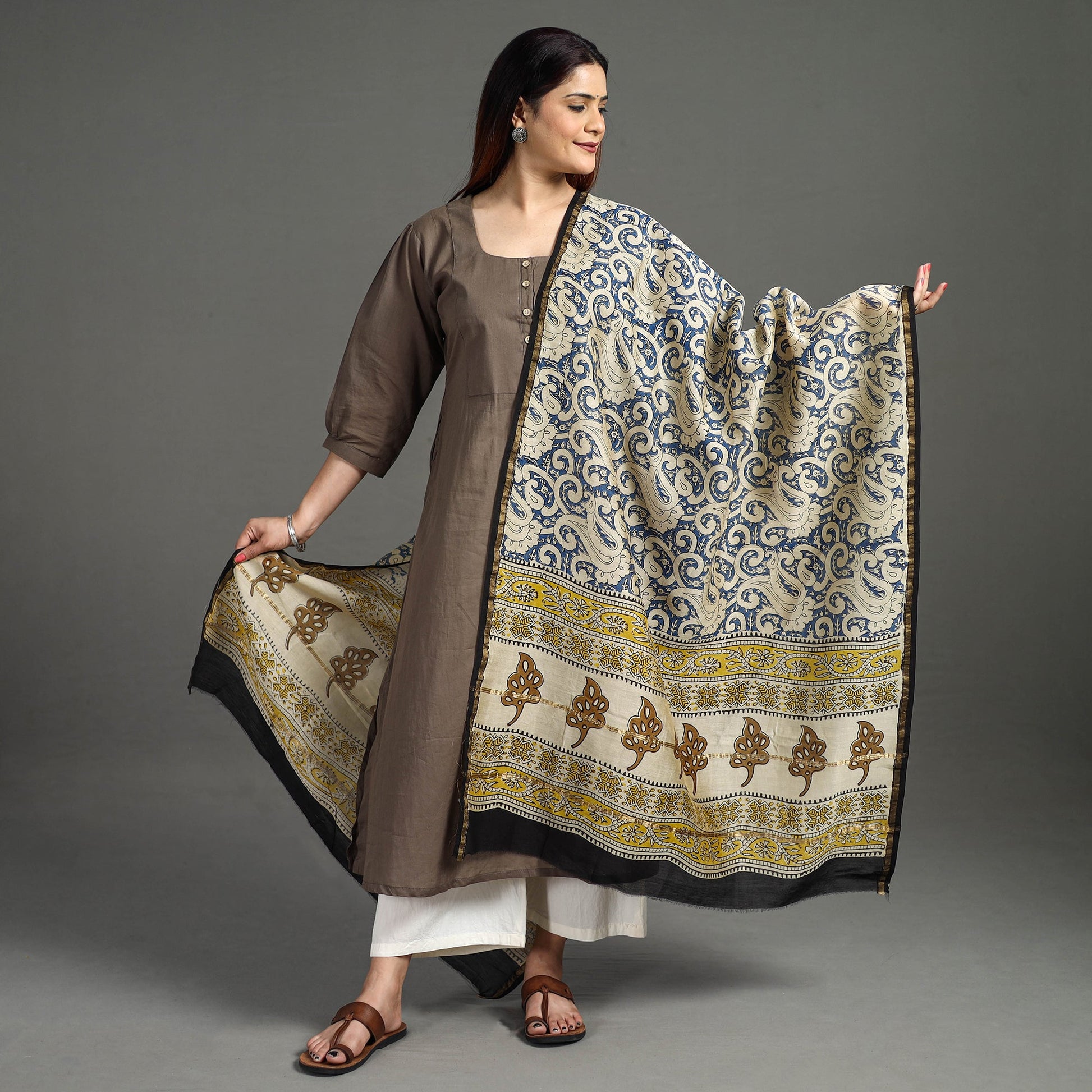 Blue - Block Printed Chanderi Silk Sanganeri Dupatta 69