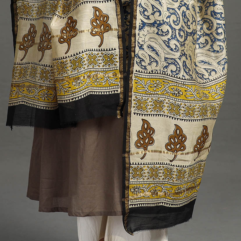 Blue - Block Printed Chanderi Silk Sanganeri Dupatta 69
