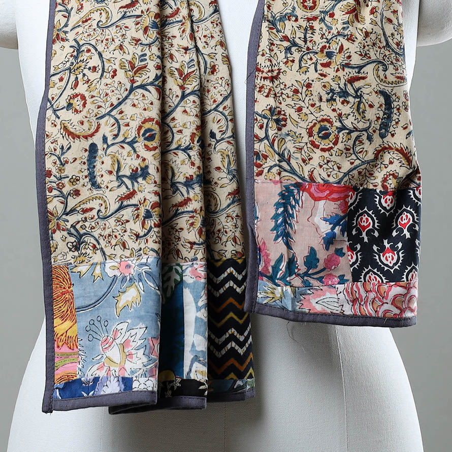 Beige - Block Print Cotton Patchwork Kalamkari Stole 03