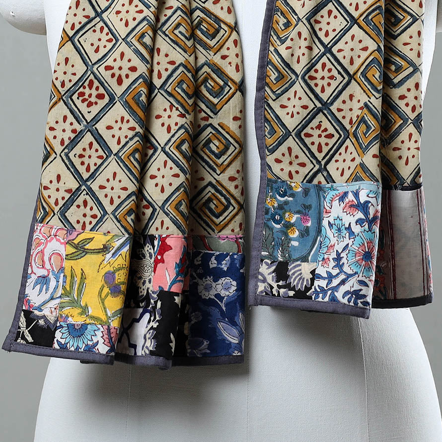 Beige - Block Print Cotton Patchwork Kalamkari Stole 04