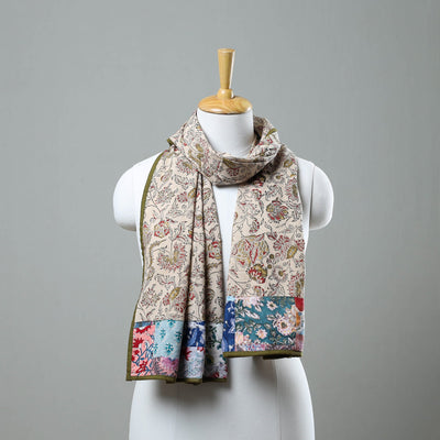 Beige - Block Print Cotton Patchwork Kalamkari Stole 10