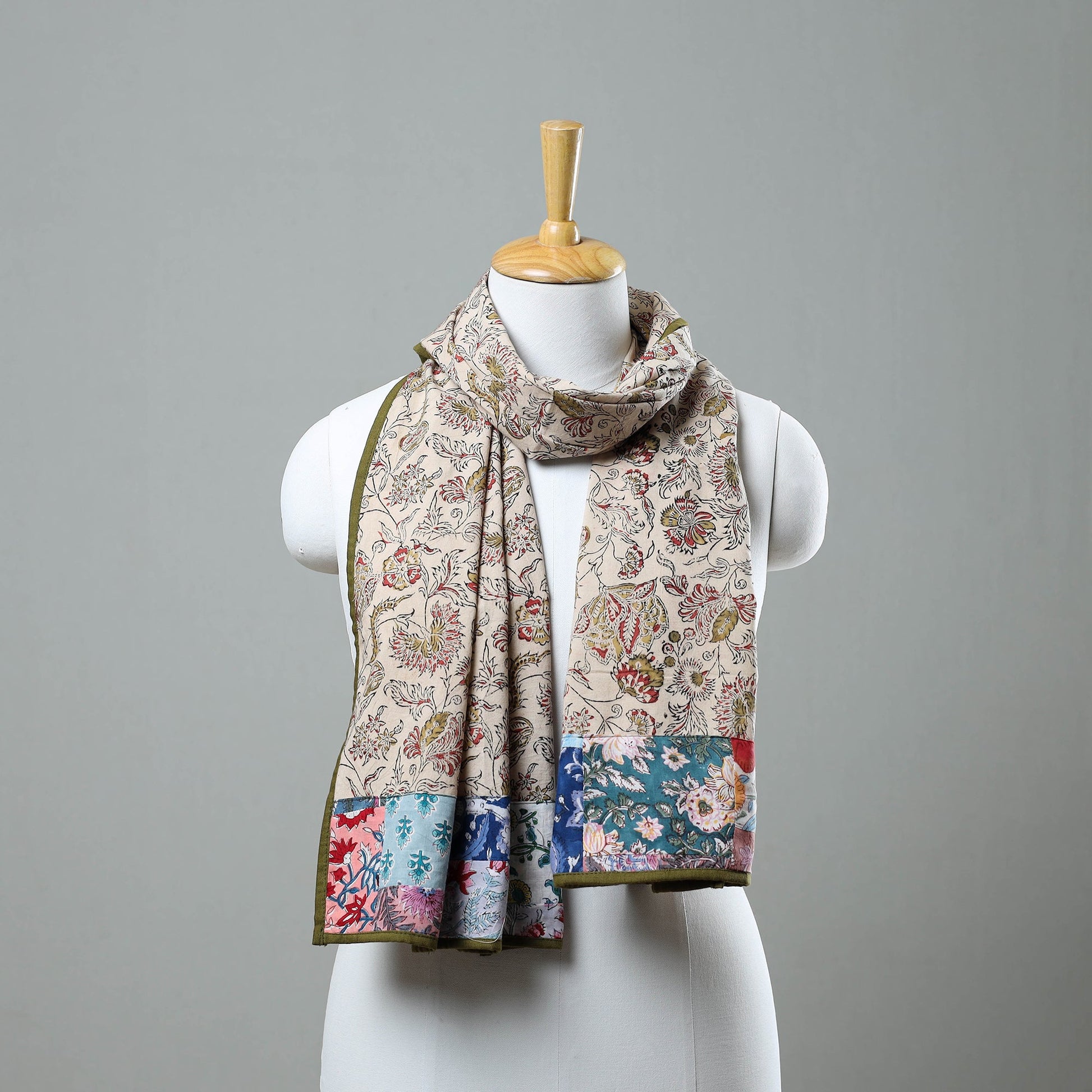 Beige - Block Print Cotton Patchwork Kalamkari Stole 10