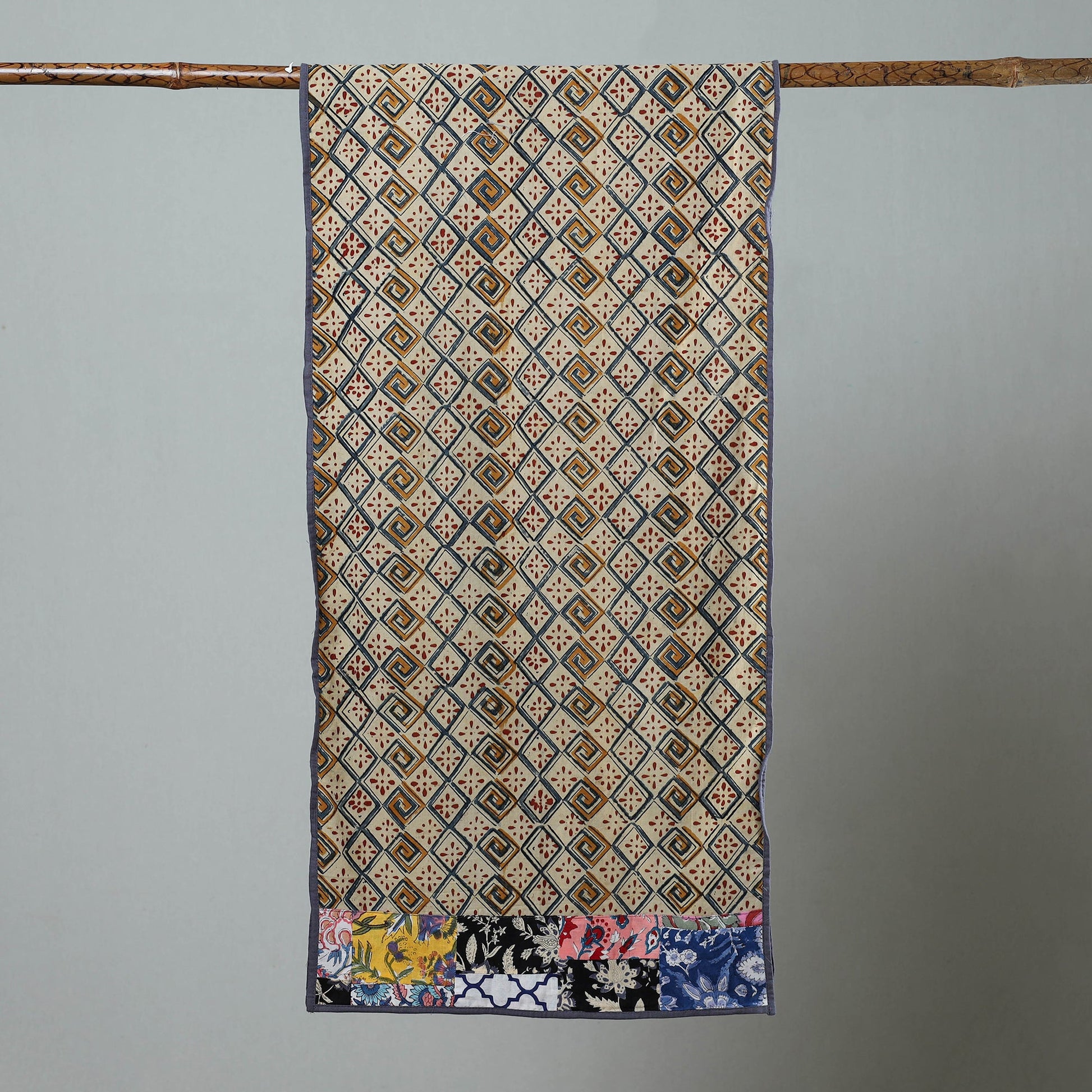 Beige - Block Print Cotton Patchwork Kalamkari Stole 04