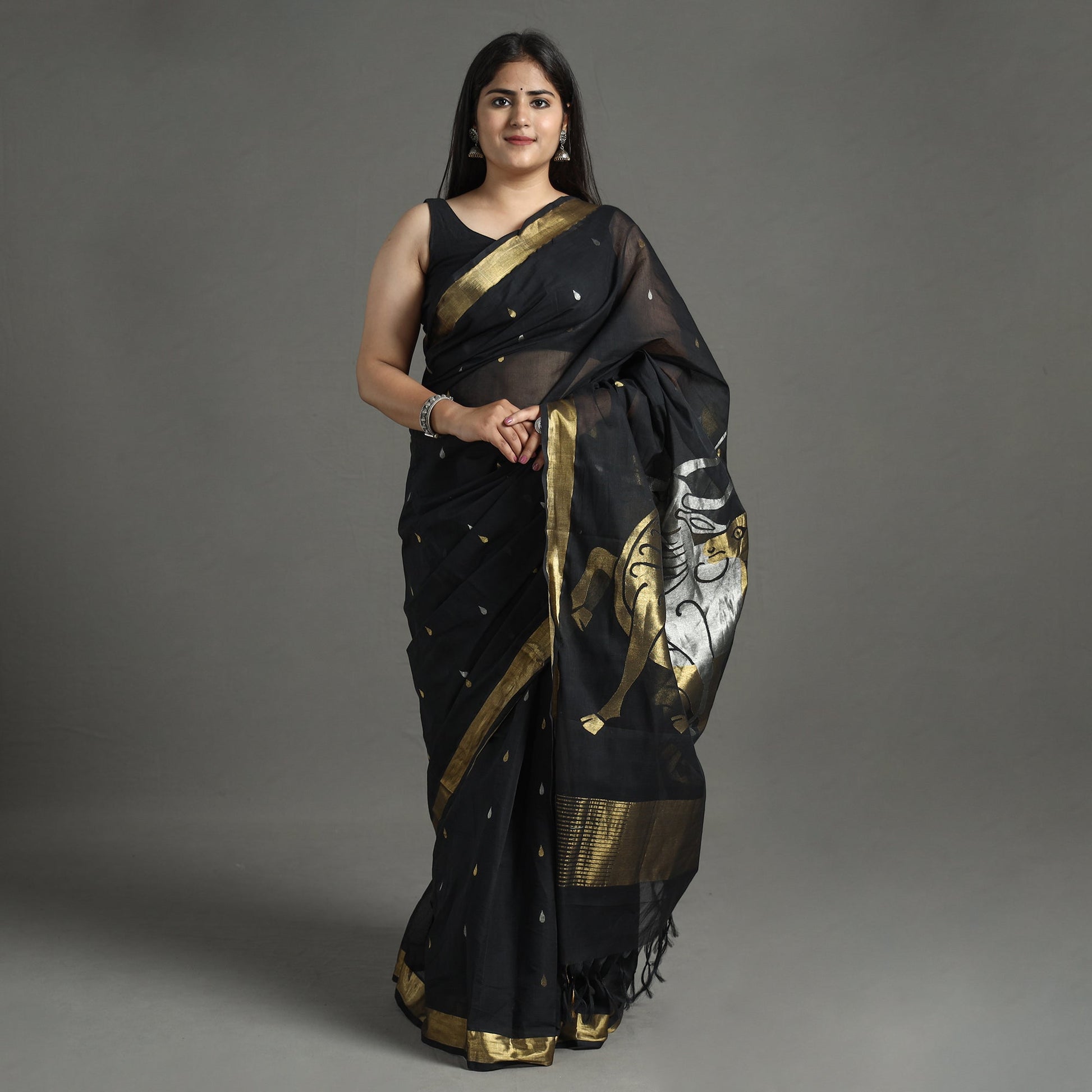 Black - Handspun Handloom Venkatgiri Full Zari Work Fine Cotton Saree 16