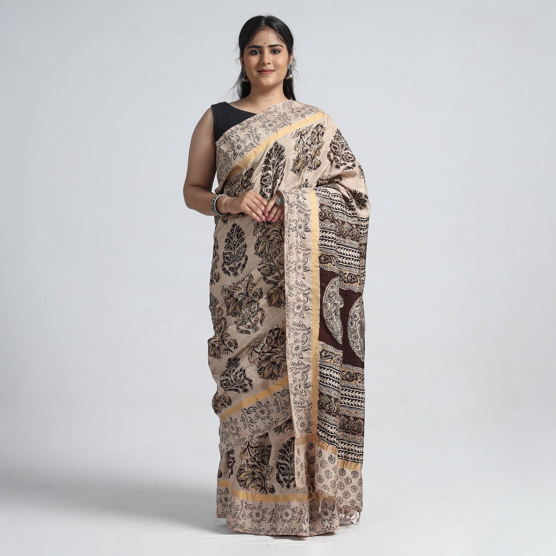 Beige - Kalamkari Printed Silk Cotton Saree with Zari Border