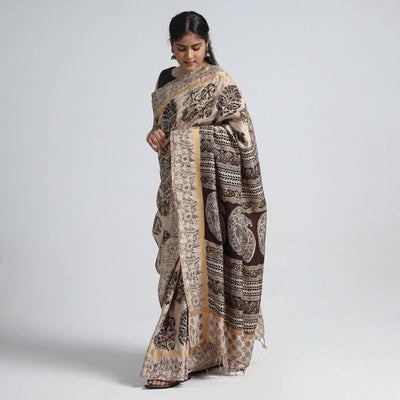 Beige - Kalamkari Printed Silk Cotton Saree with Zari Border