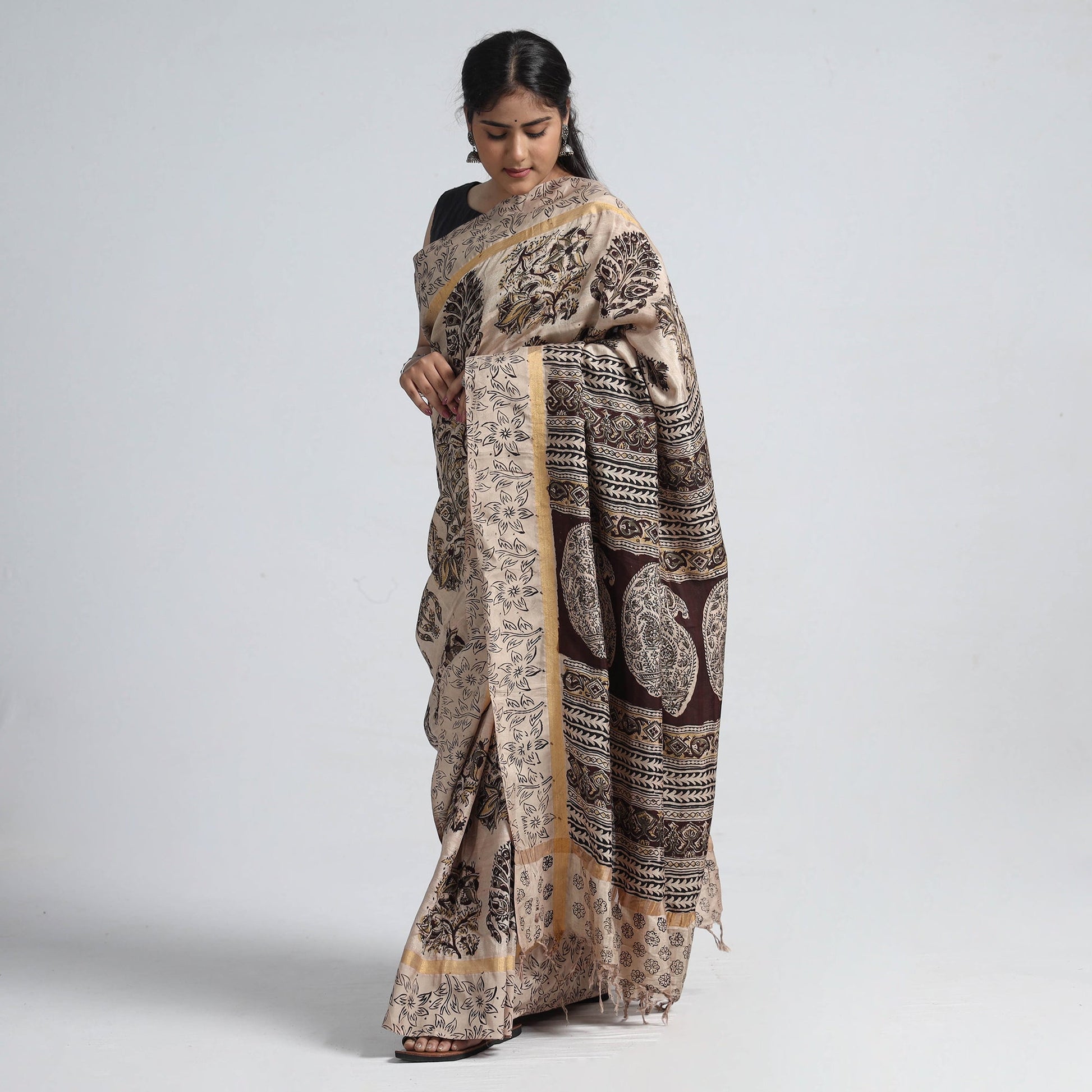 Beige - Kalamkari Printed Silk Cotton Saree with Zari Border