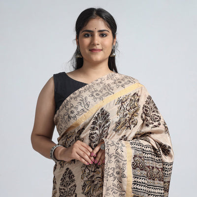 Beige - Kalamkari Printed Silk Cotton Saree with Zari Border